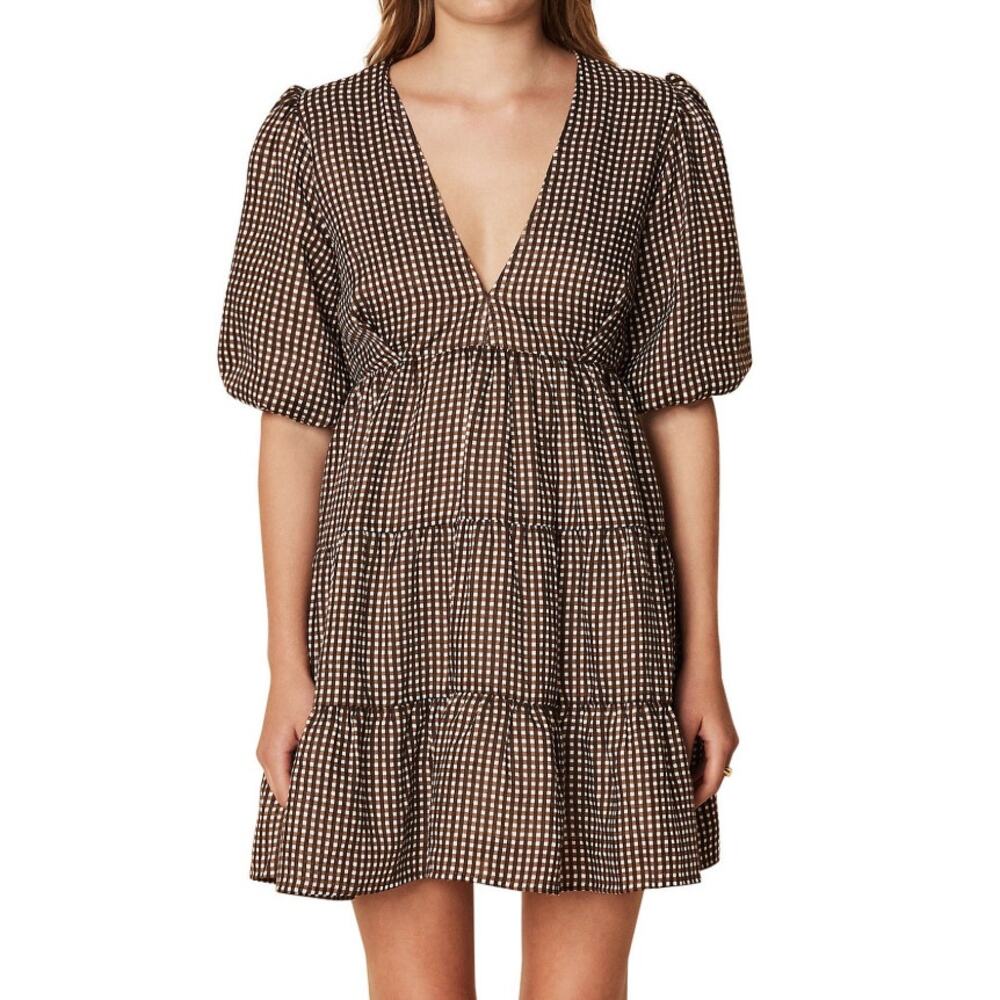 Faithfull The Brand 'Elmiya' Black V Neck Cocoa Check Print Mini Dress Size S